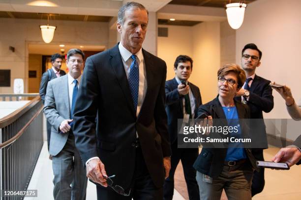 Sen. John Thune , Senate Majority Whip, talks to reporters as he leaves a briefing for Senators by officials from the Department of Homeland...