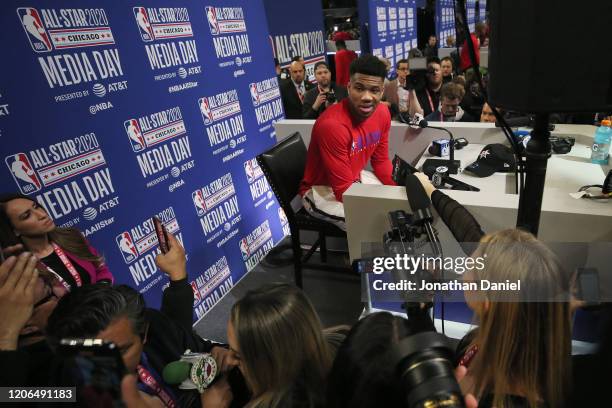 Giannis Antetokounmpo of the Milwaukee Bucks speaks to the media during 2020 NBA All-Star - Practice & Media Day at Wintrust Arena on February 15,...