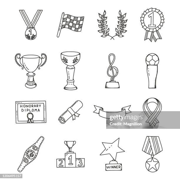 illustrazioni stock, clip art, cartoni animati e icone di tendenza di set doodles premi e vincitori - medal