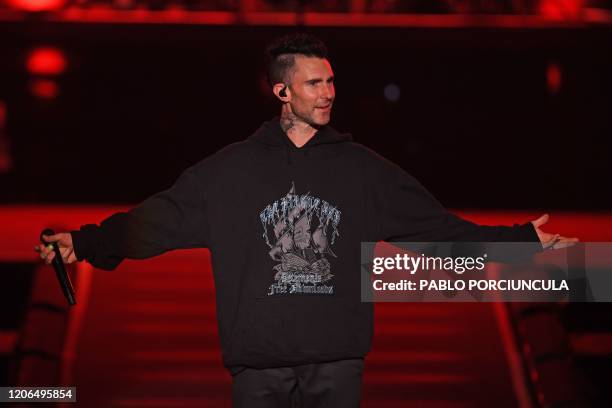 Pop band Maroon 5 singer Adam Levine performs in Montevideo on March 10, 2020.