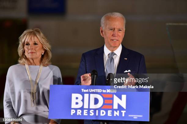 Democratic Presidential candidate former Vice President Joe Biden addresses the media and a small group of supporters with his wife Dr. Jill Biden...