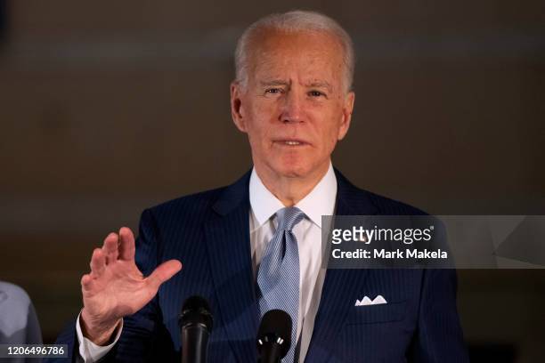 Democratic Presidential candidate former Vice President Joe Biden addresses the media and a small group of supporters during a primary night event on...