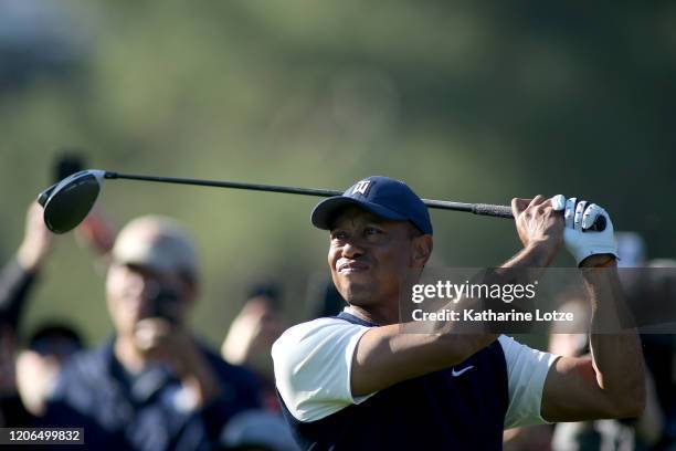 Tiger Woods tees off at the 11th hole during round three of the Genesis Invitational at the Riviera Country Club on February 15, 2020 in Pacific...