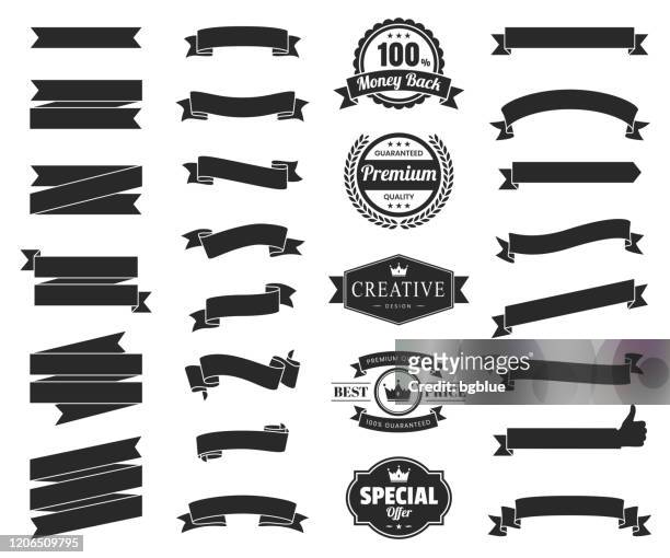 set of black ribbons, banners, badges, labels - design elements on white background - horizontal stock illustrations