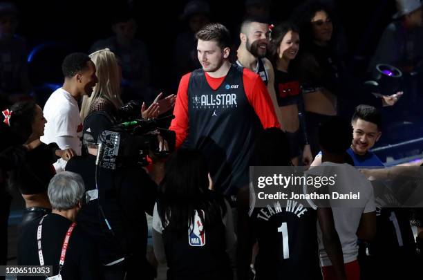 Luka Doncic of the Dallas Mavericks is introduced during 2020 NBA All-Star - Practice & Media Day at Wintrust Arena on February 15, 2020 in Chicago,...