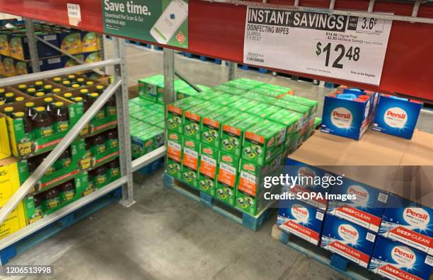 The disinfecting wipes area of Sam's Club has been stripped bare by panic buyers. Shoppers have been panic buying toilet paper, hand sanitizer, paper...