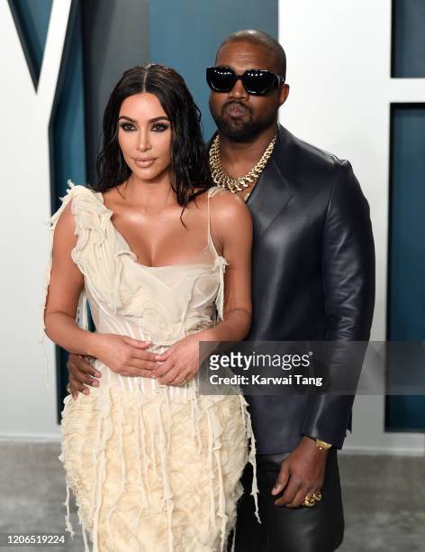 Kim Kardashian and Kanye West attend the 2020 Vanity Fair Oscar Party hosted by Radhika Jones at Wallis Annenberg Center for the Performing Arts on...