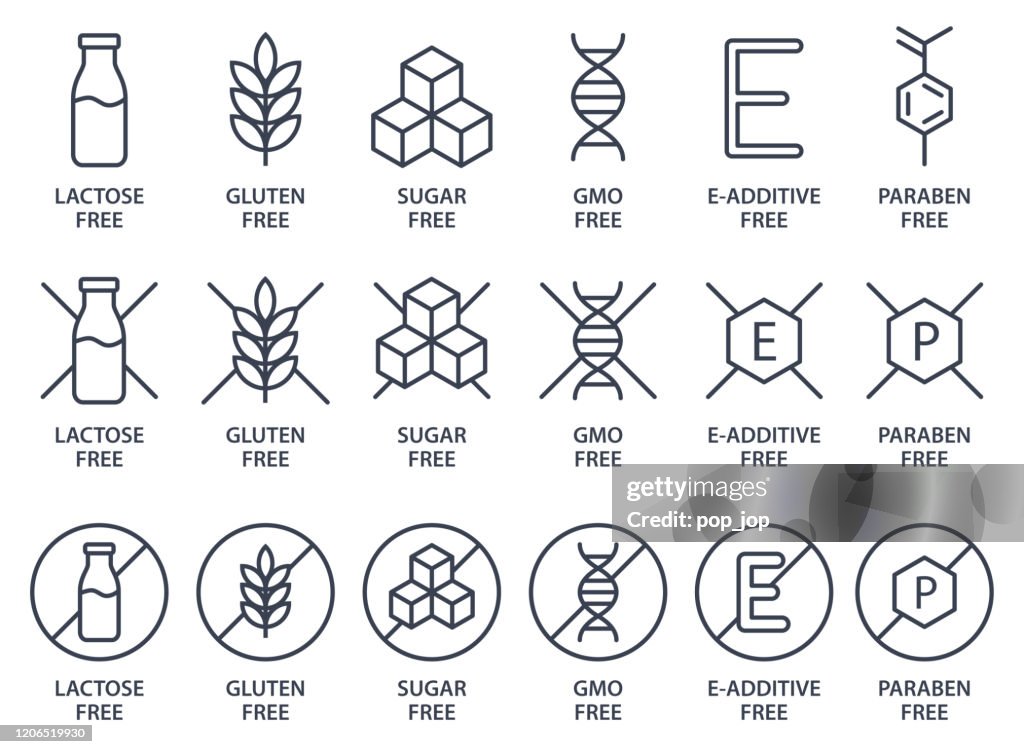 Set di icone - Senza lattosio, senza glutine, senza zucchero, senza OGM, senza additivi E, senza parabeni. Illustrazione vettoriale.