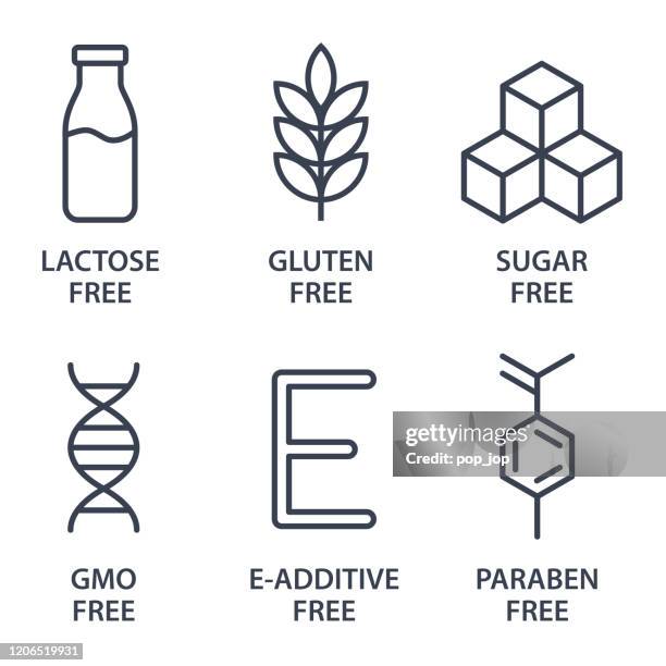 illustrations, cliparts, dessins animés et icônes de ensemble d’icônes - sans lactose, sans gluten, sans sucre, sans ogm, sans additif e, sans paraben. illustration de vecteur. - laktose