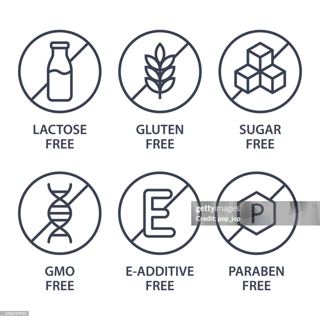 Conjunto de iconos - Sin lactosa, sin gluten, sin azúcar, sin OMG, sin aditivos electrónicos, sin parabenos. Ilustración vectorial.