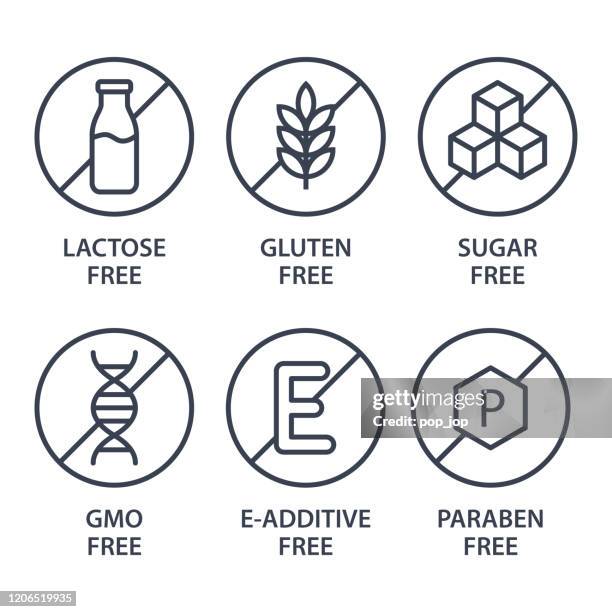 set of icons - lactose free, gluten free, sugar free, gmo free, e-additive free, paraben free. vector illustration. - gratis stock illustrations