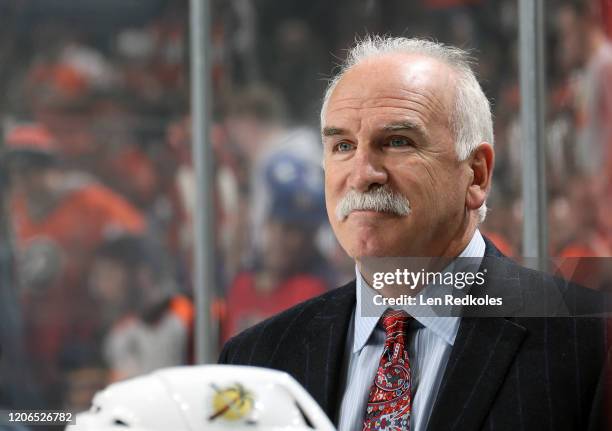 Head Coach of the Florida Panthers Joel Quenneville watches a play on the ice against the Philadelphia Flyers on February 10, 2020 at the Wells Fargo...