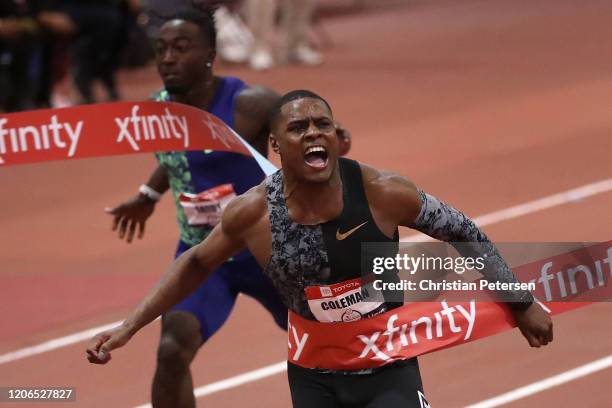 Christian Coleman crosses the finish line to win the Men's 60 Meter during the 2020 Toyota USATF Indoor Championships at Albuquerque Convention...