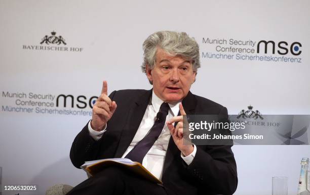 Thierry Breton, European commissioner for internal market, speaks during a panel talk at the 2020 Munich Security Conference on February 15, 2020 in...