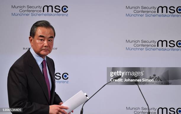 Chinese minister of foreign affairs Wang Yi speaks at the 2020 Munich Security Conference on February 15, 2020 in Munich, Germany. The annual...
