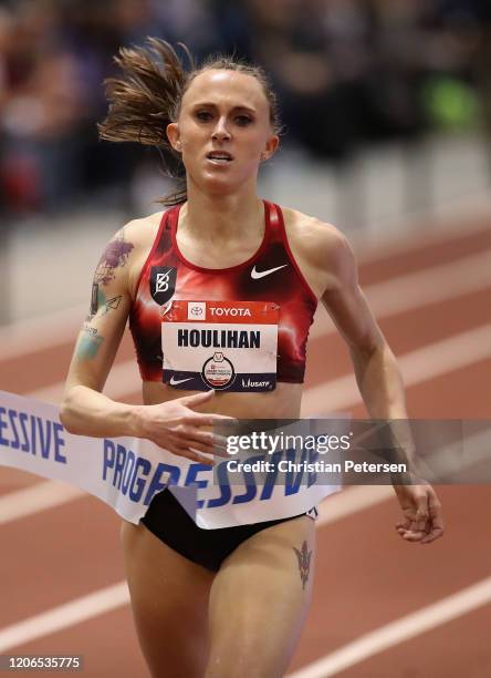 Shelby Houlihan crosses the finish line to win the Women's 1500 Meter final during the 2020 Toyota USATF Indoor Championships at Albuquerque...