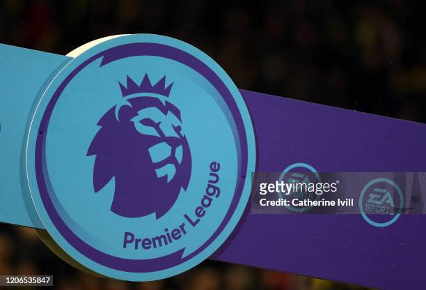 The Heads up campaign logo is seen ahead of the Premier League match between Norwich City and Liverpool FC at Carrow Road on February 15, 2020 in...