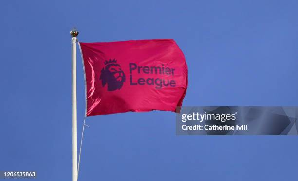 The Premier League logo on a flag during the Premier League match between Norwich City and Liverpool FC at Carrow Road on February 15, 2020 in...