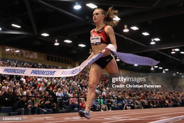 Shelby Houlihan crosses the finish line to win the Women's 1500 Meter final during the 2020 Toyota USATF Indoor Championships at Albuquerque...