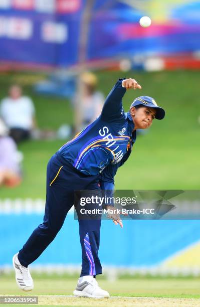 Shashikala Siriwardena of Sri Lanka bowls during the ICC Women's T20 Cricket World Cup Warm Up match between Sri Lanka and South Africa at Karen...