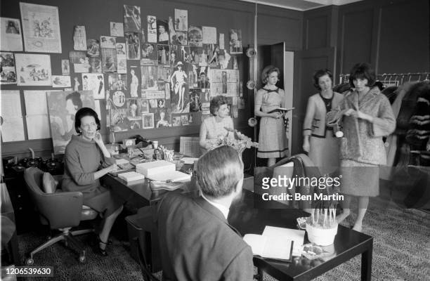 Diana Vreeland , Fashion Editor of Harper's Bazaar, in an editorial meeting in her office, May 1, 1963.