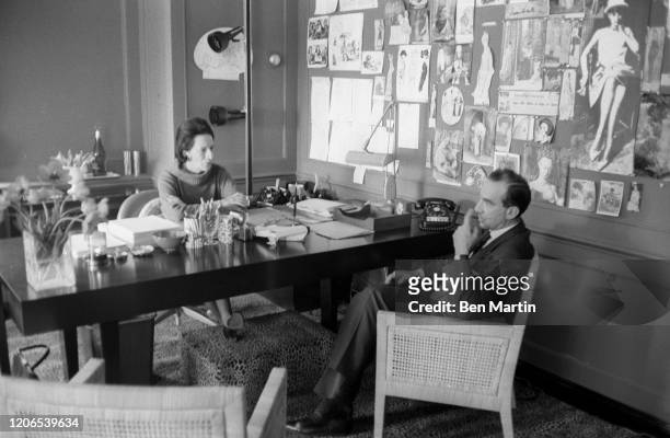 Diana Vreeland , Fashion Editor of Harper's Bazaar, in her office with Art Director and photographer Alexey Brodovitch May 1, 1963.