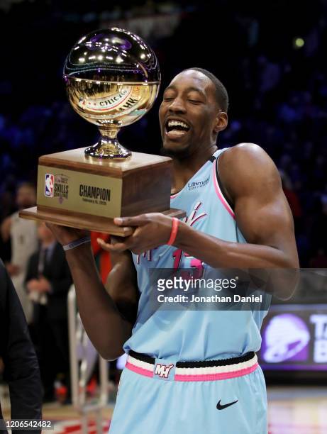 Bam Adebayo of the Miami Heat celebrates with the trophy after winning the 2020 NBA All-Star - Taco Bell Skills Challenge during State Farm All-Star...
