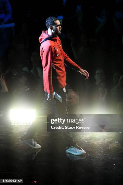 Zach LaVine of the Chicago Bulls is introduced before the 2020 NBA All-Star - MTN DEW 3-Point Contest during State Farm All-Star Saturday Night at...