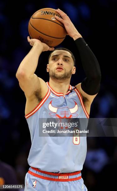 Zach LaVine of the Chicago Bulls attempts a shot in the 2020 NBA All-Star - MTN DEW 3-Point Contest during State Farm All-Star Saturday Night at the...