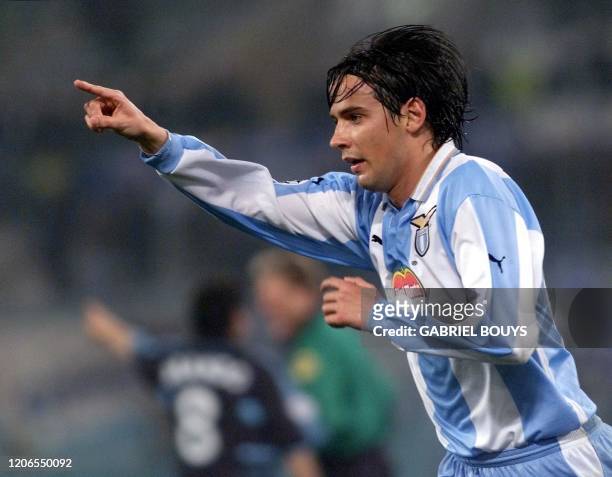 Lazio Rome's forward Simone Inzaghi jubilates after he scored his third goal, during the Champion's League, Group D, game Lazio Rome vs Olympique de...