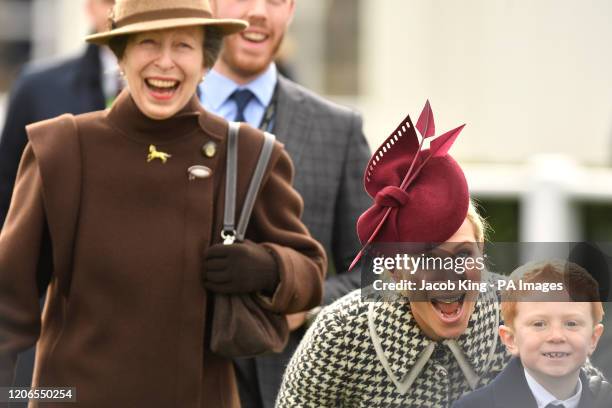 Anne, Princess Royal , Zara Tindall, and Archie McCoy, son of AP McCoy, during the RSA Insurance Novices' Chase during day two of the Cheltenham...