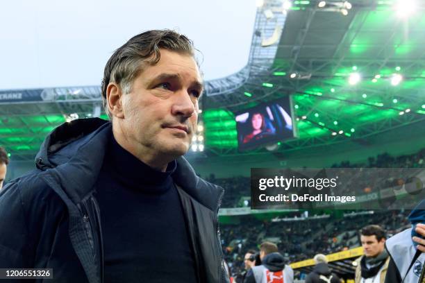 Sporting director Michael Zorc of Borussia Dortmund looks on prior to the Bundesliga match between Borussia Moenchengladbach and Borussia Dortmund at...