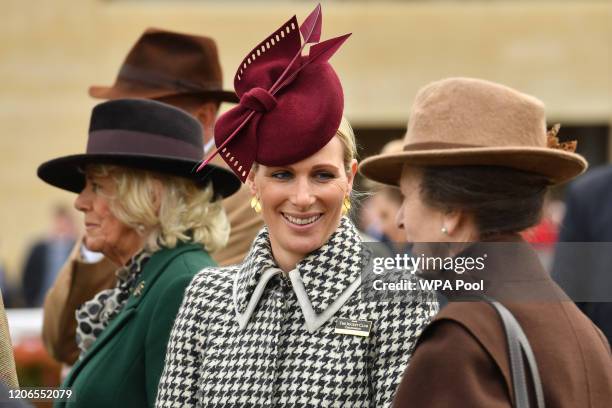 Zara Tindall , Princess Anne, Princess Royal and Camilla, Duchess of Cornwall attend Ladies Day at the Cheltenham Festival at Cheltenham Racecourse...