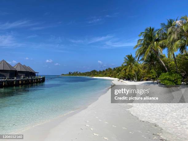 March 2020, Maldives, Kuredu: Footprints can be seen on the empty beach on the island. At least one hundred German tourists are currently stuck in...