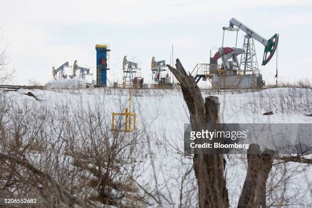 Oil pumping jacks, also known as "nodding donkeys", operate in an oilfield near Almetyevsk, Tatarstan, Russia, on Wednesday, March 11, 2020. Saudi...