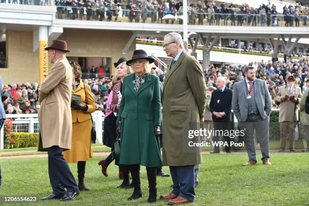 Camilla, Duchess of Cornwall as she attends the Ladies Day during Cheltenham Festival 2020 at Cheltenham Racecourse on March 11, 2020 in Cheltenham,...