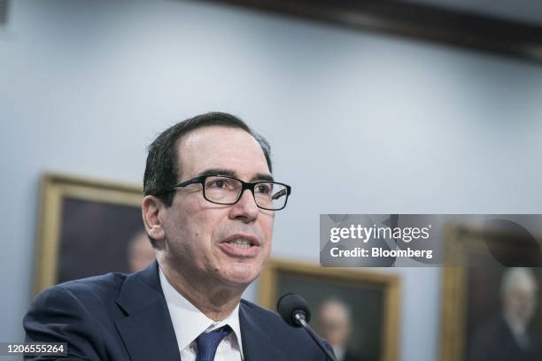 Steven Mnuchin, U.S. Treasury secretary, speaks during a House Appropriations Committee hearing on Capitol Hill in Washington, D.C., U.S., on...