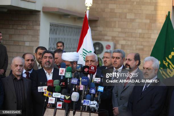 Front row from left to right:-Iraqi Oil Minister Hussein AL-Shahristani, Nassar al-Rubaie from the radical Sadrist movement, Shiekh Abdul Halim...