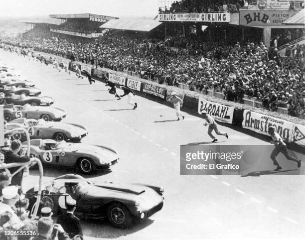 Argentinian driver Juan Manuel Fangio competes during the 24 Hours of Le Mans race on June 11, 1955 in Le Mans, France.