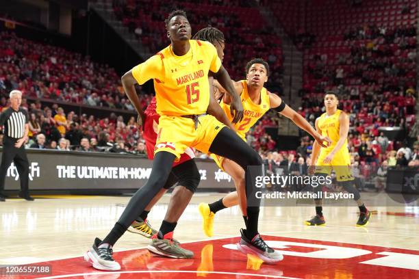 Chol Marial of the Maryland Terrapins protects the lane during a college basketball game against the Nebraska Cornhuskers at the Xfinity Center on...