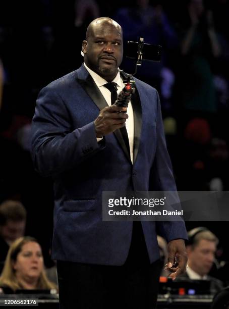 Shaquille O'Neal looks on in the 2020 NBA All-Star - AT&T Slam Dunk Contest during State Farm All-Star Saturday Night at the United Center on...