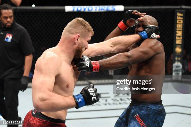 Jan Blachowicz of Poland punches Corey Anderson in their light heavyweight bout during the UFC Fight Night event at Santa Ana Star Center on February...