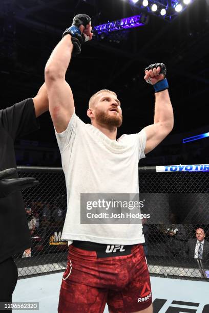 Jan Blachowicz of Poland celebrates his KO victory over Corey Anderson in their light heavyweight bout during the UFC Fight Night event at Santa Ana...