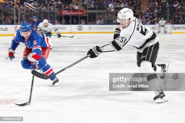 Austin Wagner of the Los Angeles Kings skates with the puck against the New York Rangers at Madison Square Garden on February 9, 2020 in New York...