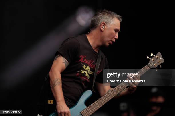 Joe Hansen of Grinspoon performs during Fire Fight Australia at ANZ Stadium on February 16, 2020 in Sydney, Australia.