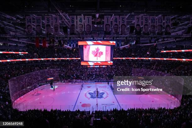 General view of Scotiabank Arena during the Canadian national anthem before the NHL regular season game between the Tampa Bay Lightning and the...