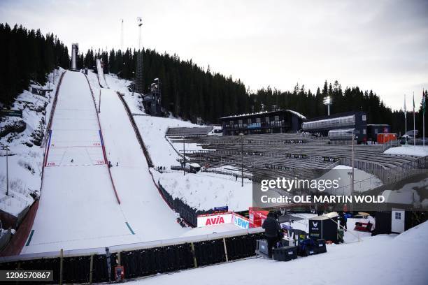 Empty seats at the stands due to the COVID-19 virus during the RAW AIR tournament of the Ski Jumping World Cup in Trondheim on March 11, 2020. /...