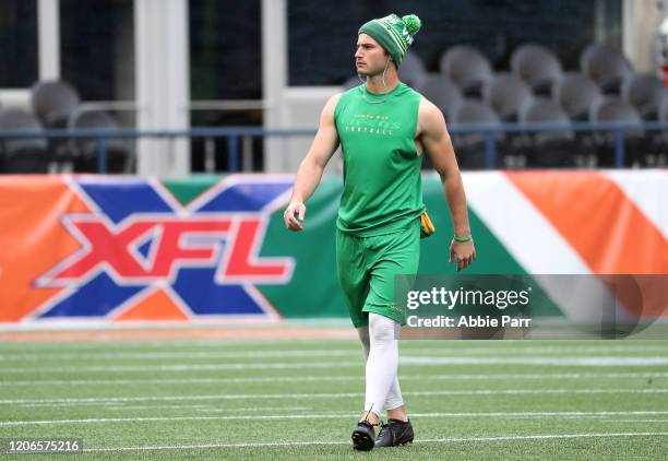 Andrew Franks of the Tampa Bay Vipers warms up prior to taking on the Seattle Dragons during their game at CenturyLink Field on February 15, 2020 in...