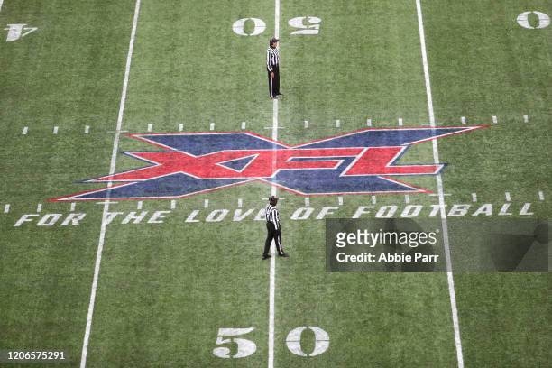 Detailed view of the XFL logo during a game between the Seattle Dragons and Tampa Bay Vipers at CenturyLink Field on February 15, 2020 in Seattle,...