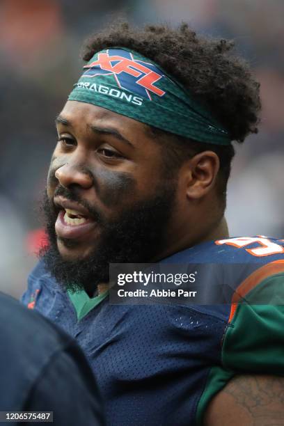 Will Sutton of the Seattle Dragons looks on in the second quarter against the Tampa Bay Vipers during their game at CenturyLink Field on February 15,...